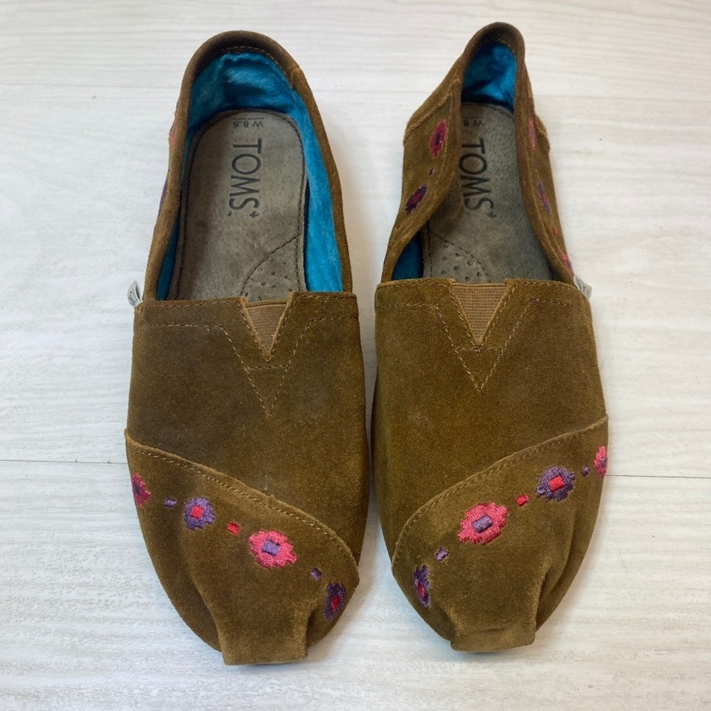 TOMS Womens 8.5 Alpargata Slip On Loafer Brown Suede Embroidered Floral Flat